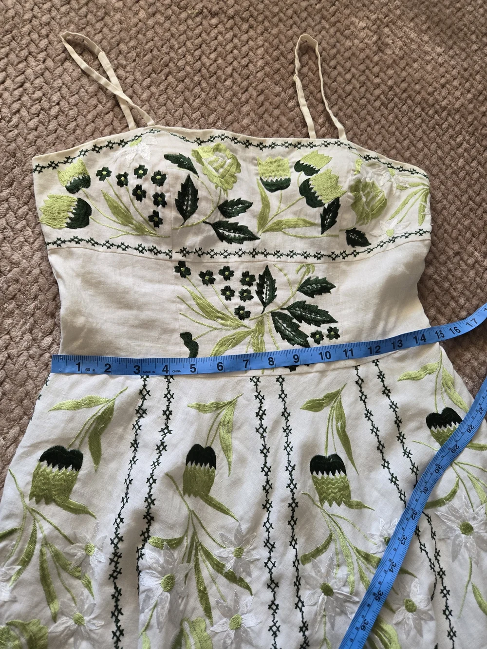 Sue Wong 100% Linen Embroidered Floral Dress Size 8 White Green Yellow